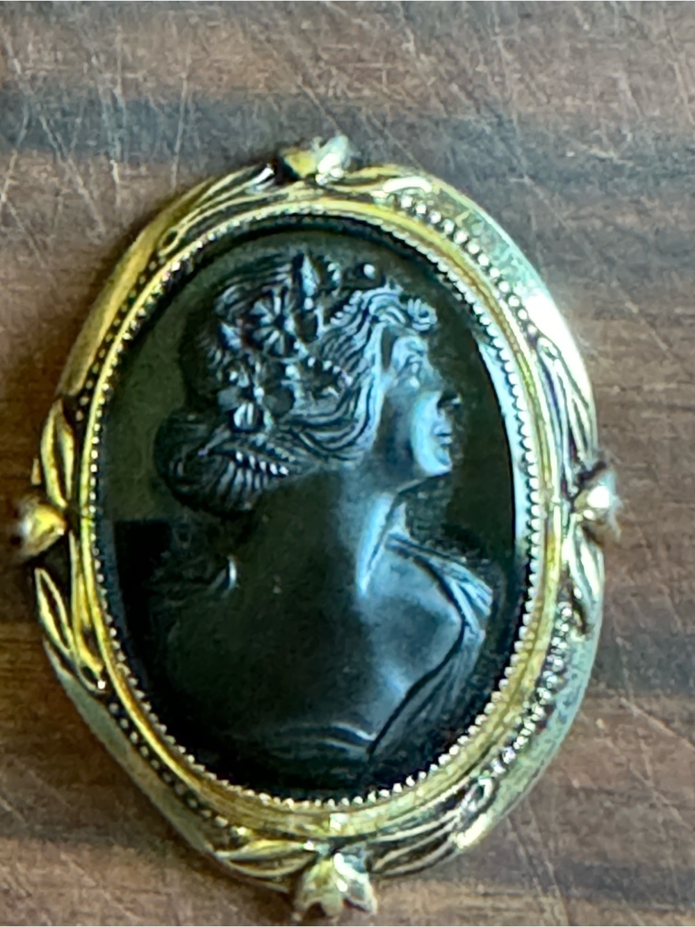 Coro Black Cameo Brooch with Gold-Tone Frame